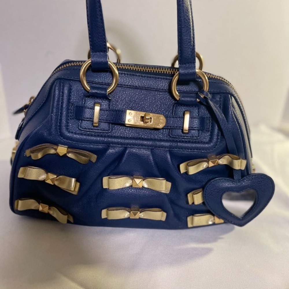 Samantha Thavasa Bow-Embellished Satchel / Boston Bag Navy Blue, Gold Hardware